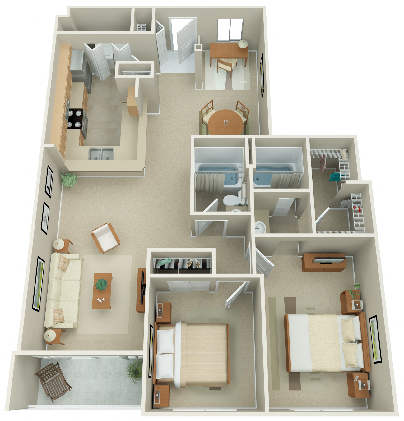Floor plan for 2 beds, 2 baths, 1243 sqft